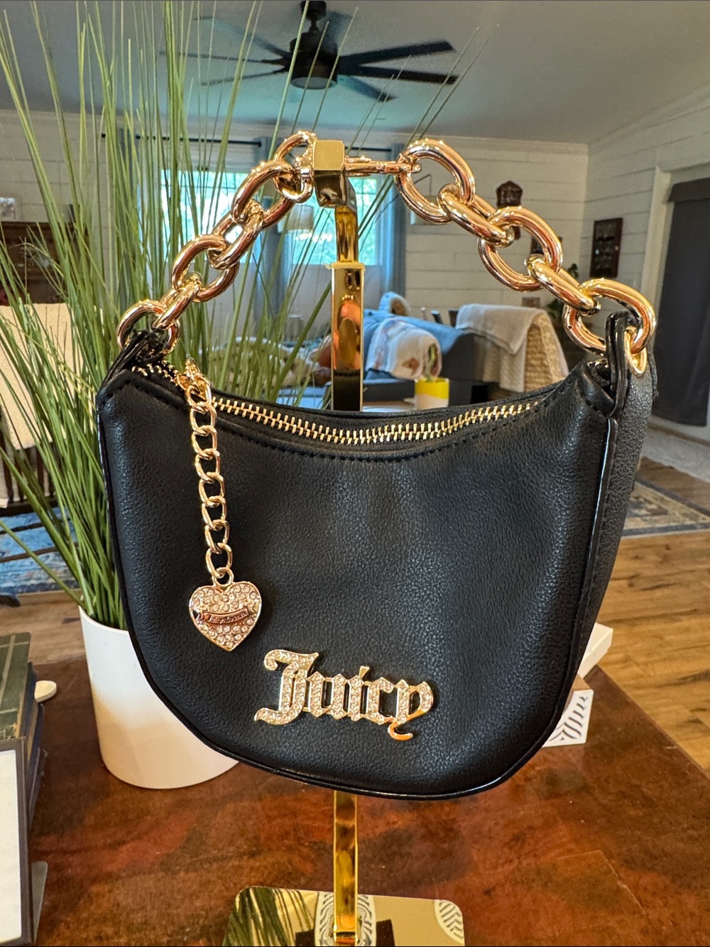 Juicy Couture Black Mini Hobo with Gold Chain and Heart Charm